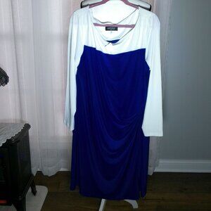 KASPER NWT Long Sleeve Scoop Neck Royal Blue/White Color Blocked Midi Dress XXL